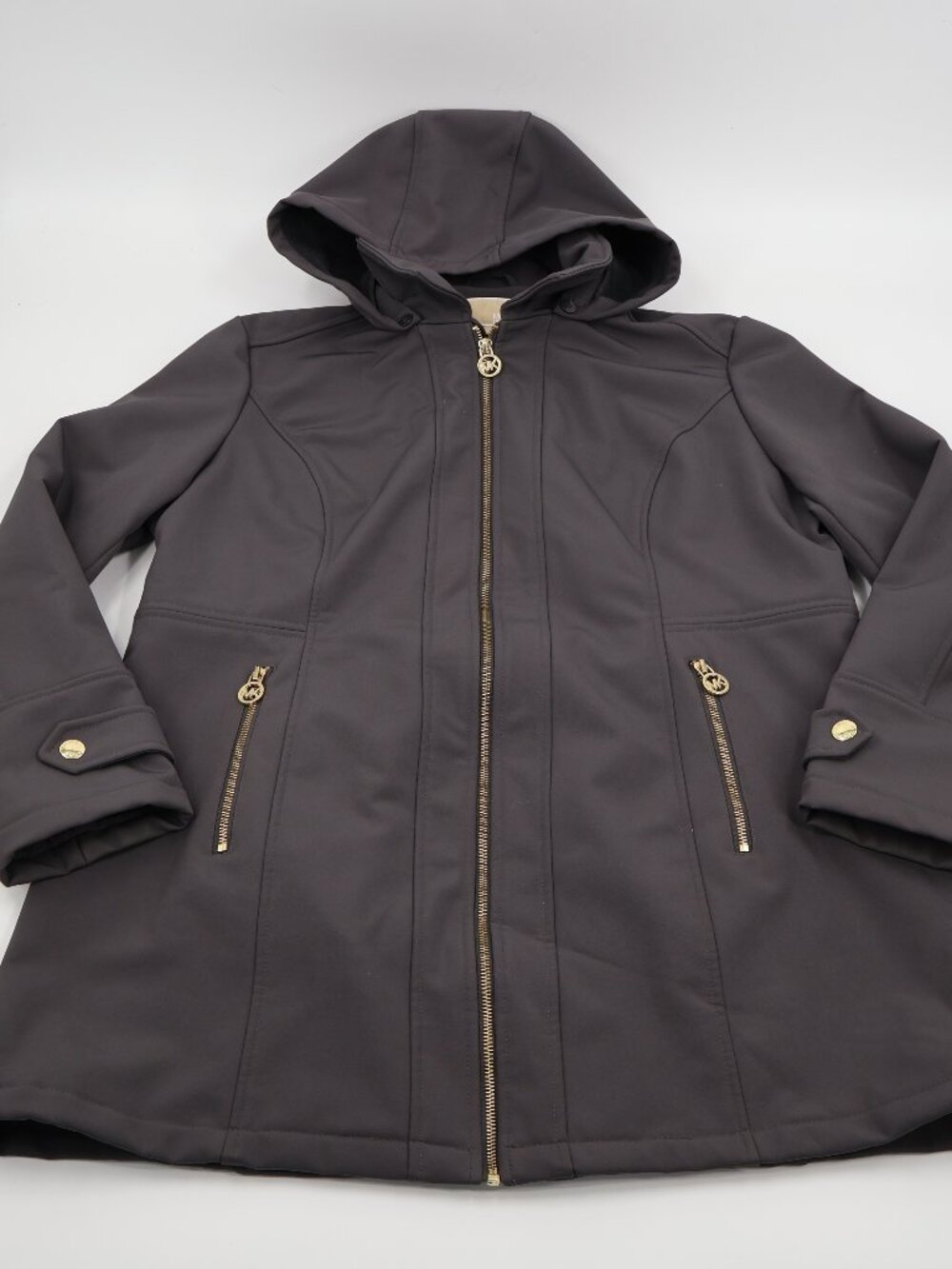 Michael Kors Softshell Jacket Womens XL Grey Gold Hardware Detachable‎ Hood